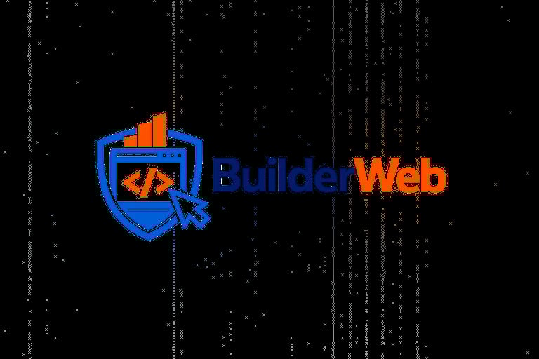BuilderWeb logo featuring a blue shield with orange building blocks and code symbol on a digital background inside a blue and orange circular badge on digital background