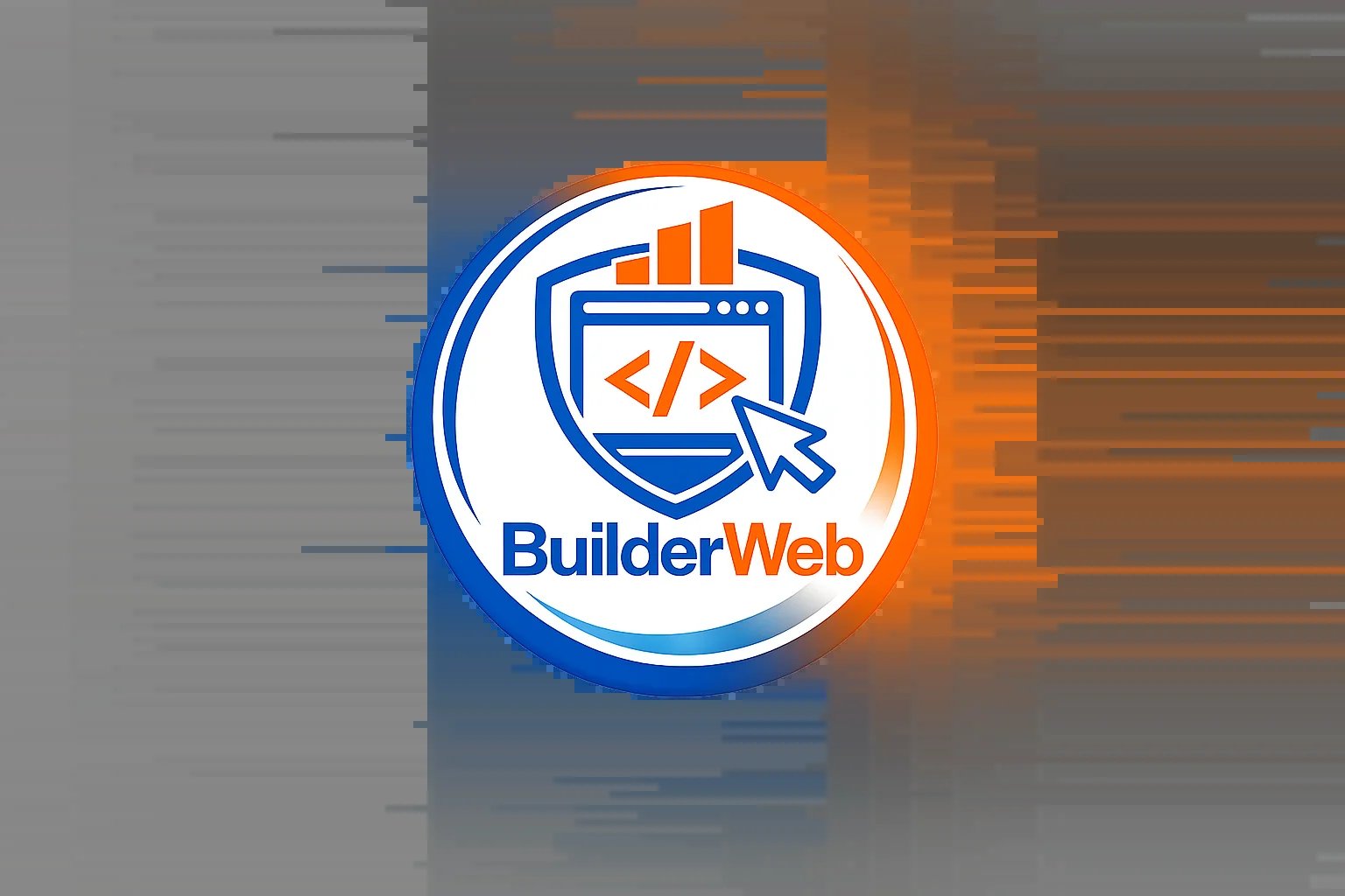BuilderWeb logo featuring a shield with code brackets, bar chart, and cursor on a digital background