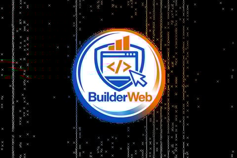 BuilderWeb logo featuring a shield with code brackets and bar chart icon, surrounded by blue and orange circular border on digital background